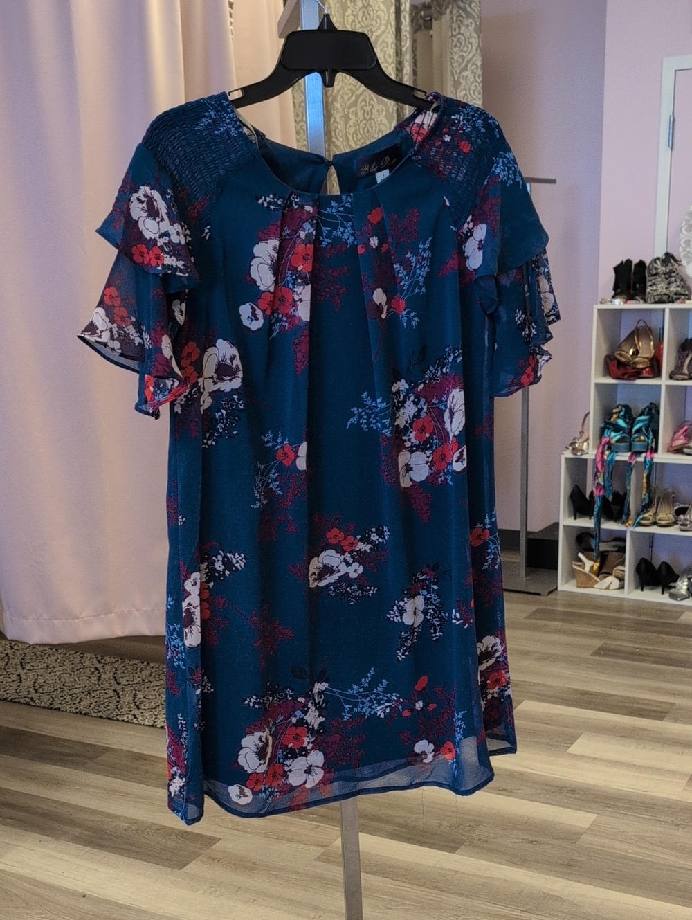Blue Rain Teal Dress with Pink and Red Floral Trim